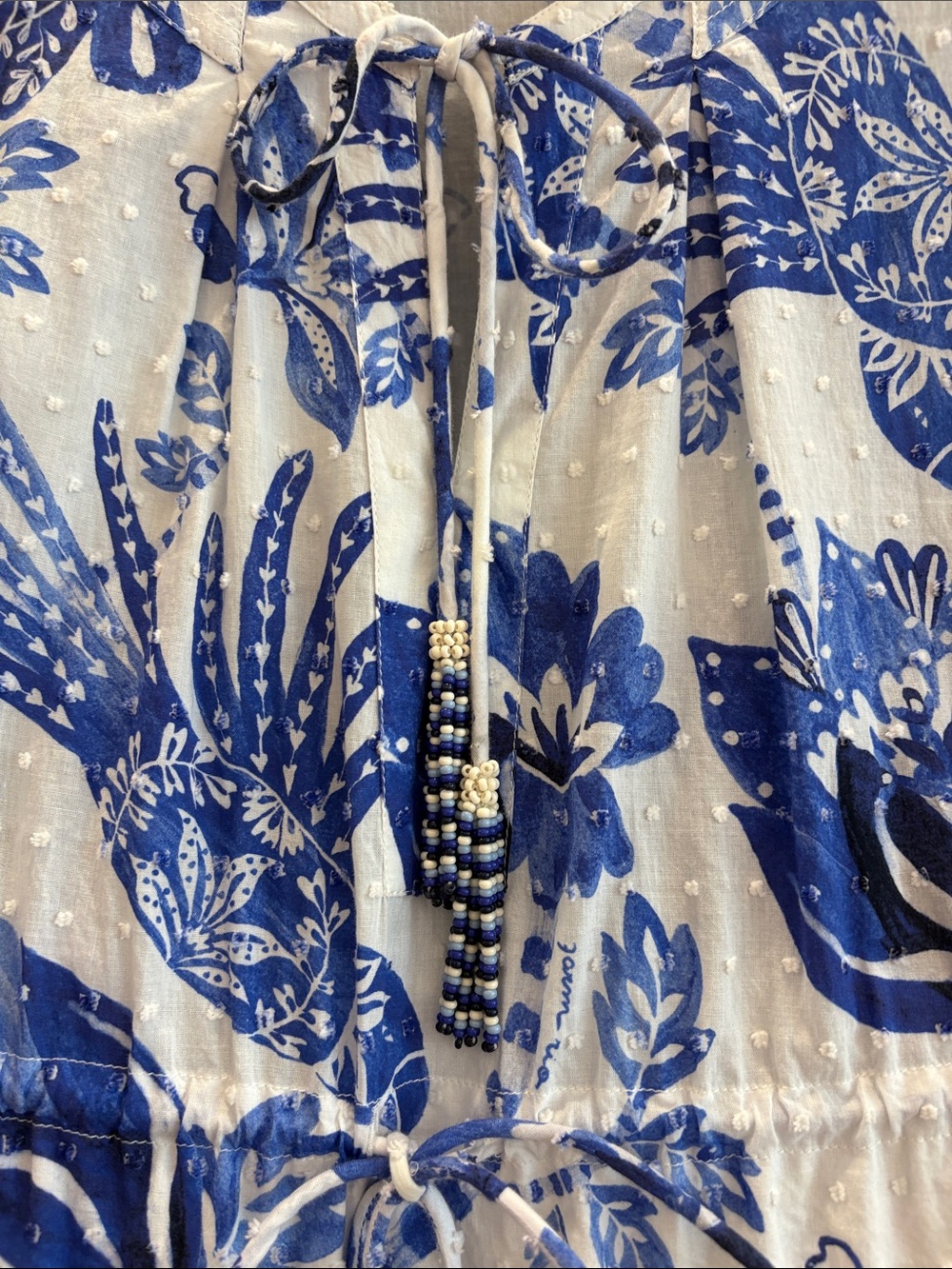 Like New FARM Rio White and Blue Floral Tiered Dress with Beaded Tassels, Small - Picture 4 of 8